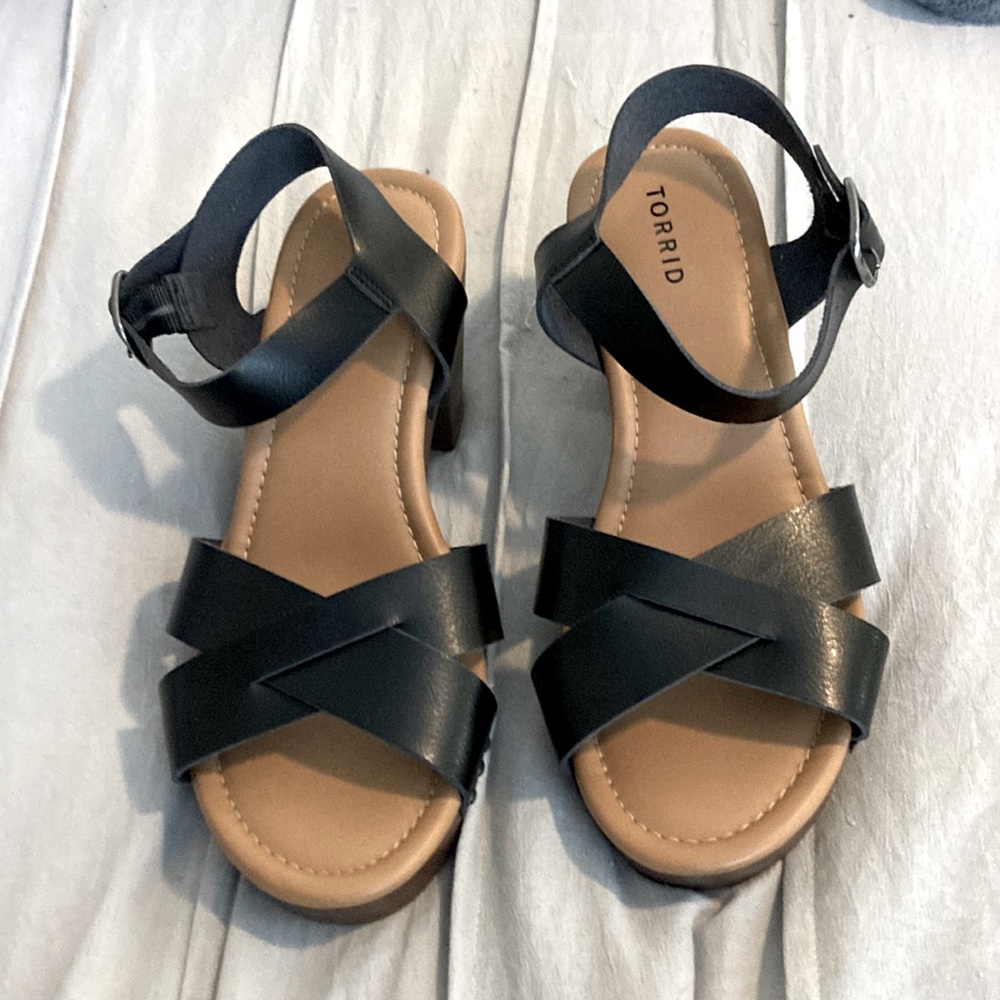 Torrid black criss cross wooden heel